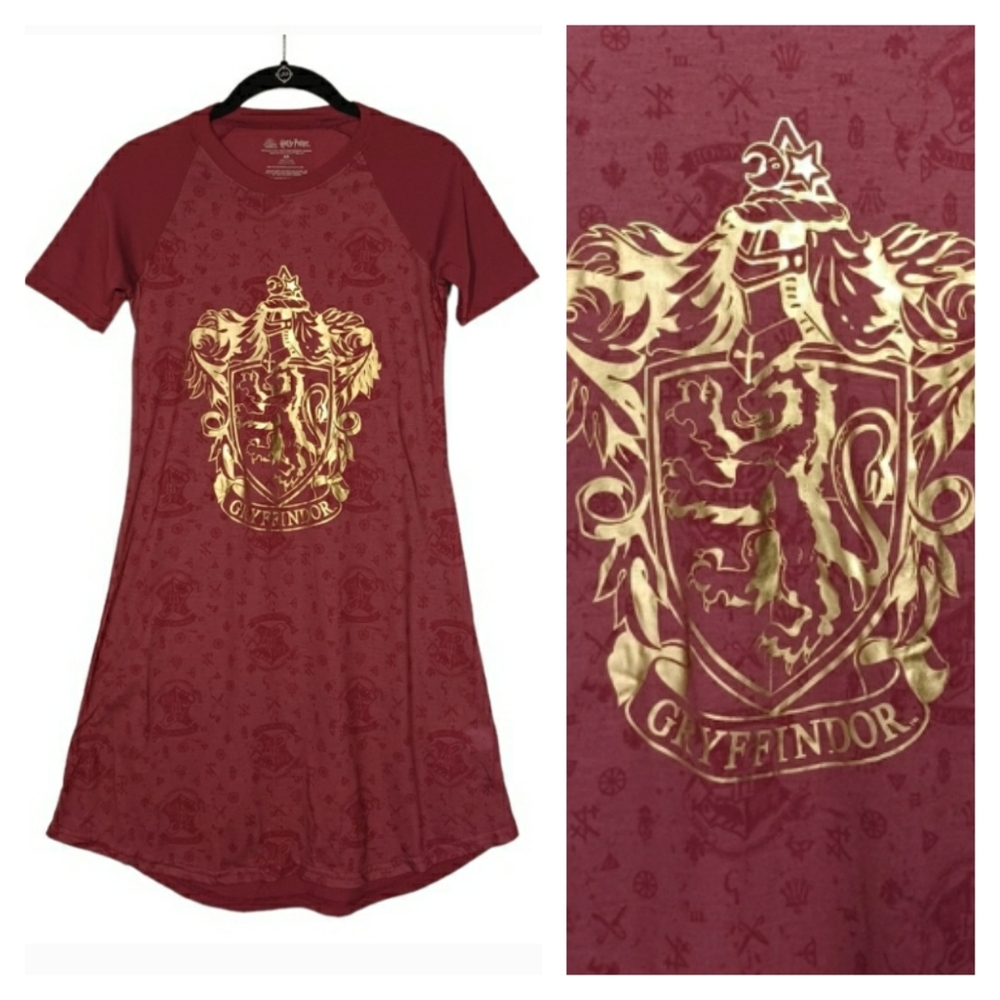 HARRY POTTER Burgundy Gold Metallic Gryffindor Loungewear Sleep Dress X-Small